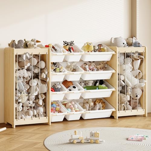 EXPERLAM Large Toy Storage Organizer, Wooden Stuffed Animal Storage & 12-Bins by EXPERLAM