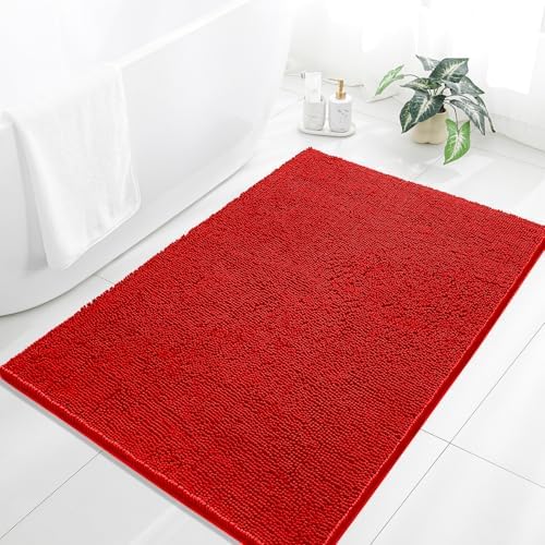 Chenille Bathroom Rug 40"x60" Red, Large Plush Bath Mat by Kildoss