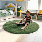 Ophanie Round Rug 4Ft Grey Green Circle Area Rug, Fluffy Fuzzy Bedroom Carpet - Image 5