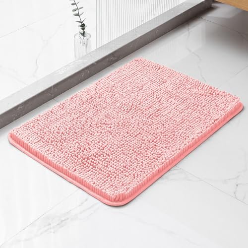 Chenille Bathroom Rug 17"x24" Pink, Non-Slip Plush Bath Mat by Kildoss