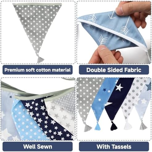 G2PLUS 10.8Ft Cotton Triangle Bunting Banner – 12pcs Blue and Gray Fabric - Image 3