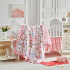 3 Pieces Pink Blue Rose Flowers Mini Crib Bedding Set Baby Ruffled Quilted - Image 4