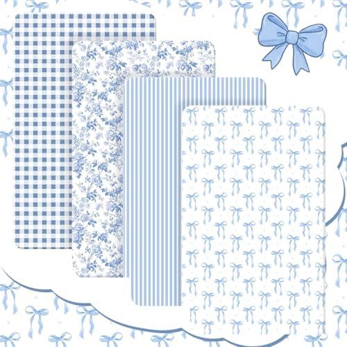 Peryiter 4 Pack Crib Sheets for Baby 52'' X 28" Blue Bow Crib Sheet - Image 3