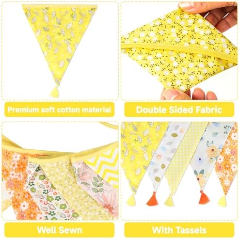 G2PLUS 10.8Ft Cotton Triangle Bunting Banner – 12pcs Yellow Floral Fabric - Image 3