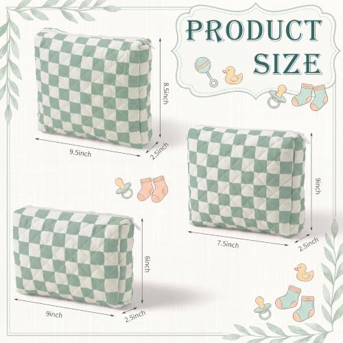 3 Pack Diaper Bag Set Quilted Cotton Green Checkered Diaper Pouches - Image 2