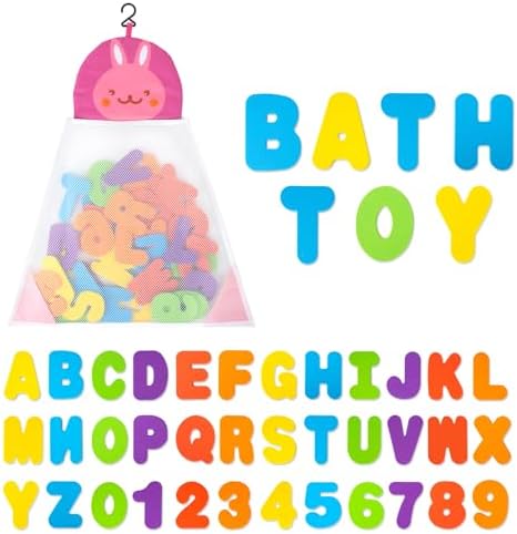 Bath Toys Organizer + 36 Soft Foam ABC 123 Letters & Numbers Bathroom Alphabet by Funsland