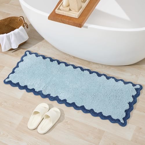 ORTIGIA Long Cute Scalloped Bathroom Rugs Runner, Fun Blue Plush Microfiber by ORTIGIA