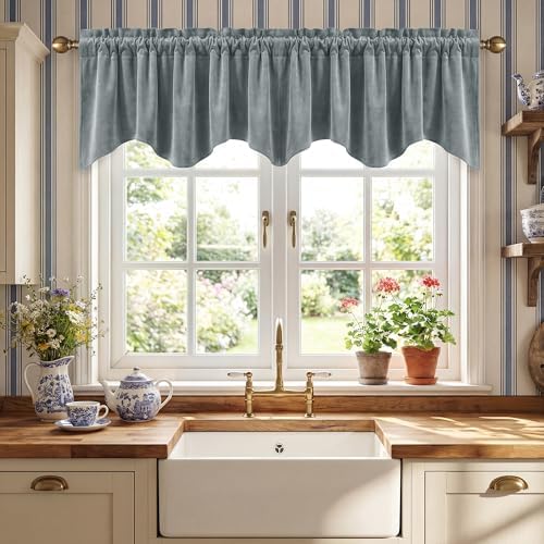 StangH Stone Blue Velvet Window Valance Scalloped 52x18 Inch, 1 Panel by StangH