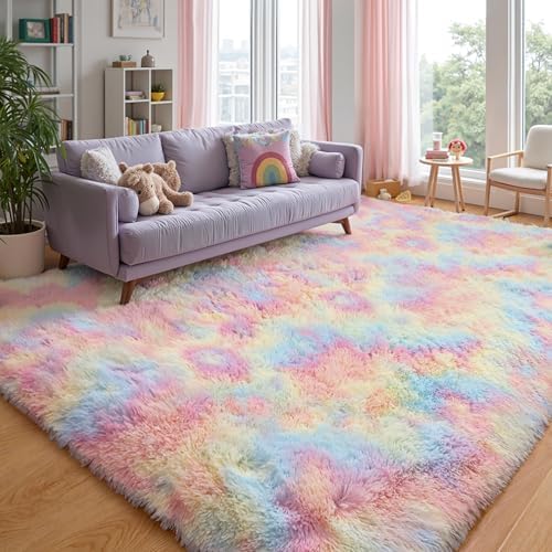 Fluffy Rainbow Large Area Rug 8x10, Soft Washable Shag Carpet - Image 6