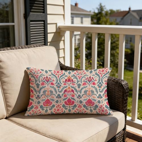 Vintage Boho Pink Teal and Gold Damask Floral Pillow Covers 12x20, Ethnic - Image 2