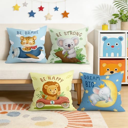18x18 Set of 4 Baby Cartoon Animals Throw Pillow Cushion Covers - Image 2
