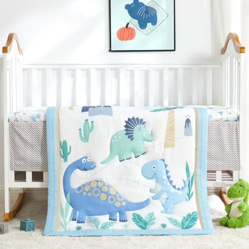 Dinosaur Mini Crib Bedding Set for Boys Light Blue Premium 3-Piece Baby Bedding - Image 2