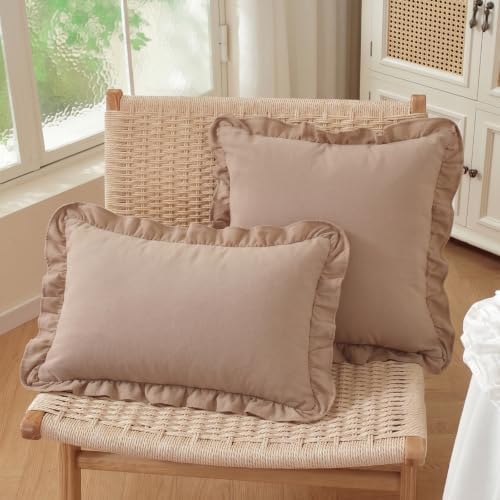Set of 2 Taupe Ruffled Lumbar Pillow Covers 12x20 Inch, Soft Fabric Solid Color - Image 3