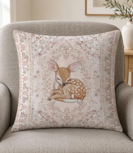 Sleeping Fawn Pillow Cover 18x18, Floral Woodland Nursery Decor - Image 3