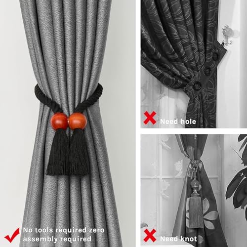 NICEEC 2 Pack Wooden Ball Magnetic Curtain Tiebacks Boho Home Decor Drape Tie - Image 2