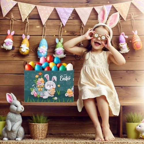 Large Cute Easter Basket for Kid Empty Gift Baby Rectangle Storage Bin Bunny - Image 7