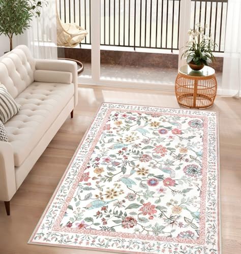 Rugalia Washable Floral Area Rug, 3x5 Pink Indoor Entryway Rug Soft Non-Slip - Image 6