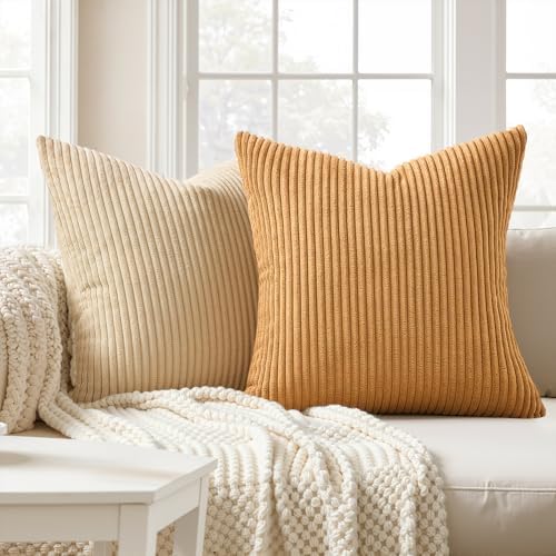 Topfinel Fall Soft Corduroy Throw Pillow Covers 18x18 Inch Yellow Brown - Image 3