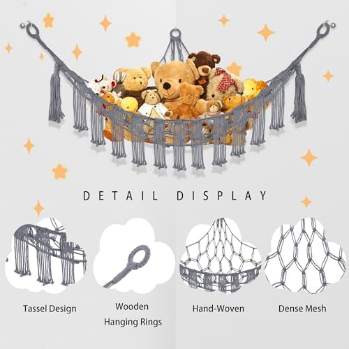 CERETIA Stuffed Animal Hammock Corner Plushie Net Storage, 2 Packs Grey - Image 6