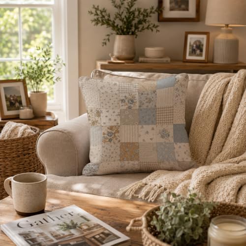 French Country Blue Floral Patchwork Throw Pillow Cover 18x18 - Image 5