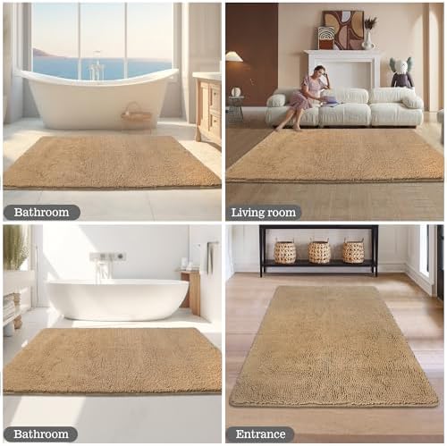 Yeaban Chenille Beige Bathroom Rug 40"x60", Non-Slip Rubber Backing - Image 5