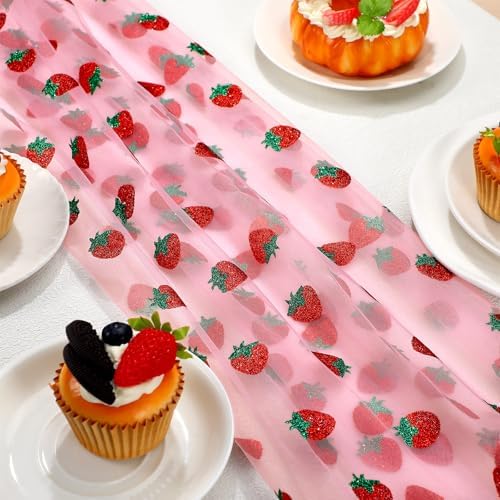 4 Pcs Strawberry Table Runner 29x70 Inch Pink Glitter Tulle - Image 3