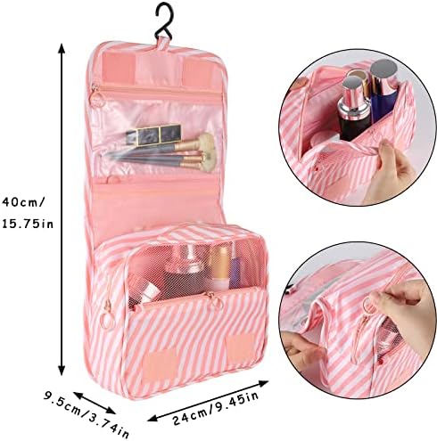 Hanging Toiletry Bag for Women, Portable Pink Striped Summer Beach Bag - Image 2