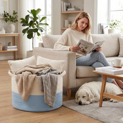 115L Extra Large Woven Blanket Basket, Laundry Hamper-White&Blue - Image 4