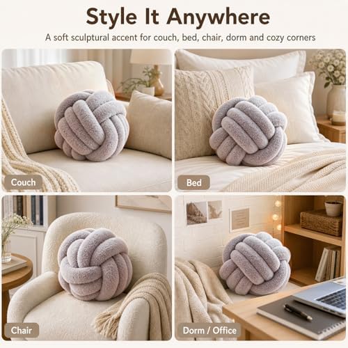 Petrella Light Gray Knot Pillow Ball, 11 Inch Round Decorative Throw Pillow - Image 3