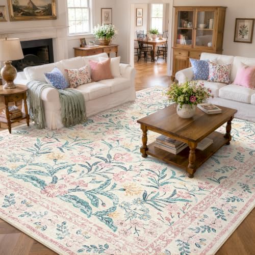 Wonnitar Floral Large Rugs for Living Room, Soft Light Pink Rug Washable 9x12 - Image 6