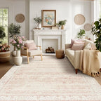 Blush Pink Floral Rug 5x8 Washable Vintage Distressed Rugs by BILEEHOME