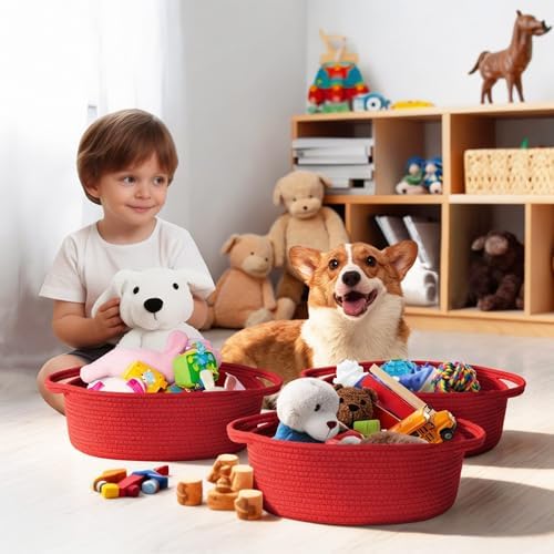Small Red Woven Basket, Cotton Rope Kid Pet Toy Bin Box, Cute Baby Nursery - Image 5