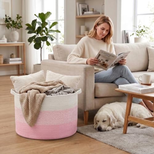 65L Large Blanket Basket, Woven Rope Laundry Basket-Mixed Pink - Image 4