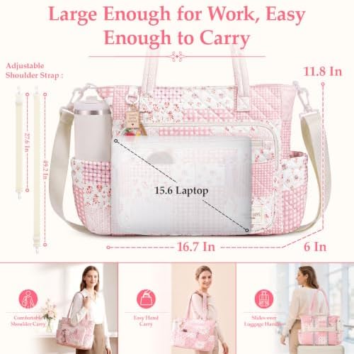 WOBAGMEN Teacher Tote Bag for Women, Quilted Floral Laptop Work Tote - Image 4