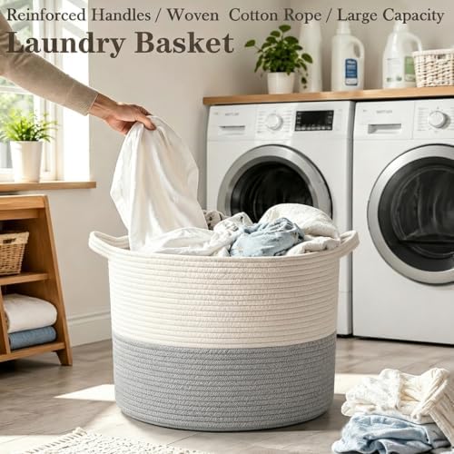 65L Large Blanket Basket, Woven Rope Laundry Basket-White&Grey - Image 5