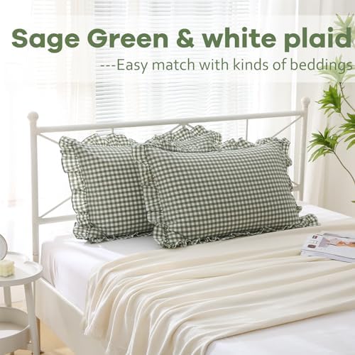 2 Pack Sage Green Gingham Ruffle Pillow Shams King Size 20"x36" - Image 2
