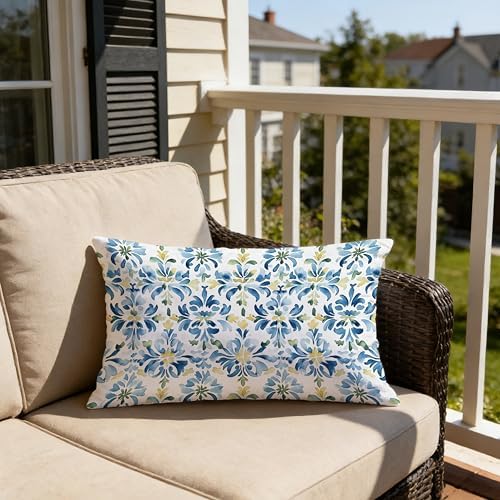 Mediterranean Blue and Yellow Floral Tile Pillow Covers 12x20, Vintage Moroccan - Image 2