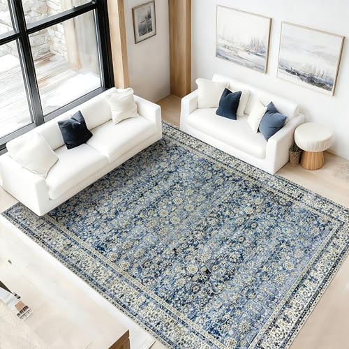 Blue Vintage Distressed Print Carpet 6x9 Low Pile Multi Rug by BILEEHOME