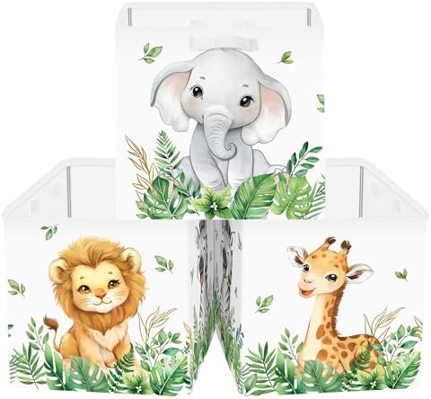 11.8" Jungle Animals Cube Storage Organizer Set 3Pcs Lion Giraffe Elephant Cube by HUUMONSS