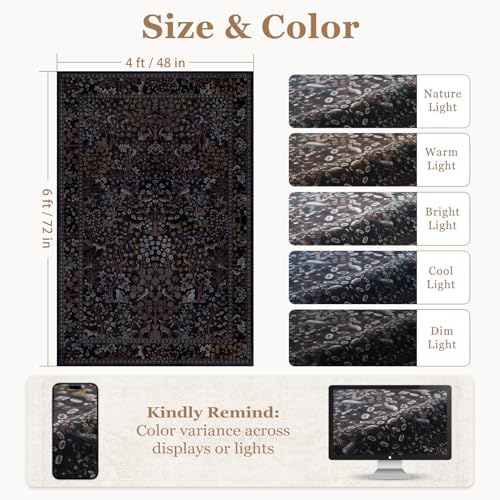 Midnight Blue 4x6 Area Rug for Entryway, Tree of Life Floral Animal Print Small - Image 2