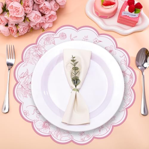 60 Pcs Pink Floral Paper Placemat, 13.5 Inch Disposable Scalloped Table Mat - Image 3