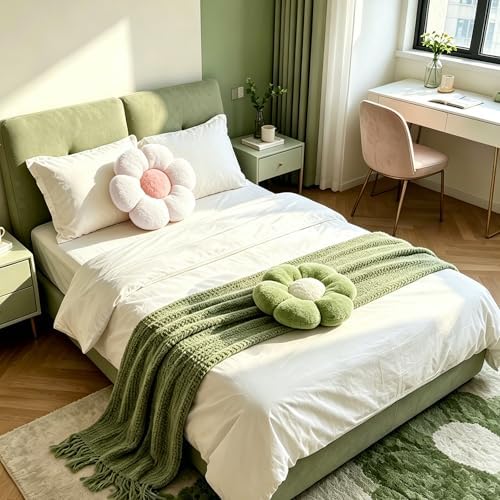 2 Pcs Flower Floor Cushions, Cute Green White Decorative Throw Pillows - Image 6