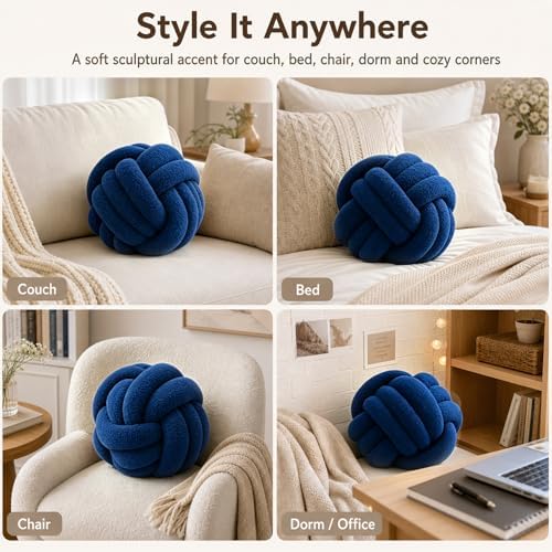 Petrella Navy Blue Knot Pillow Ball, 11 Inch Round Accent Decorative Pillow - Image 3