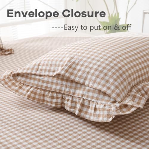 2 Pack Taupe White Gingham Ruffle Pillow Shams King Size 20"x36" - Image 5