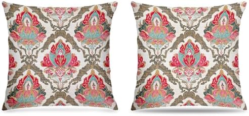 Boho Vintage Damask Floral Pillow Covers 18x18 Set of 2, Ethnic Indian Block by Unknown