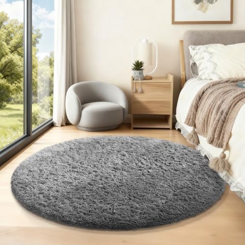 Ophanie Round Rug 5Ft Grey Circle Area Rugs, Fluffy Fuzzy Bedroom Carpet 5 Foot - Image 5