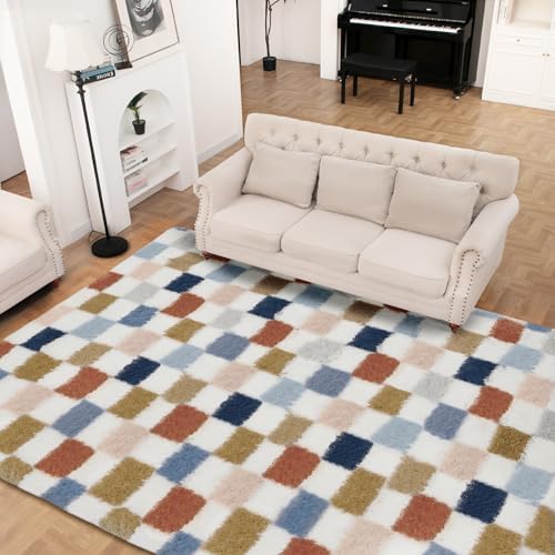Super Soft Rug for Bedroom, 4x6 Ft Rainbow Area Rug Classic Checkered Shaggy - Image 6