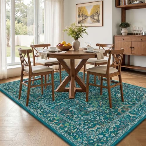 Teal Tree of Life Area Rug 5x7, Boho Farmhouse Carpet - Image 5