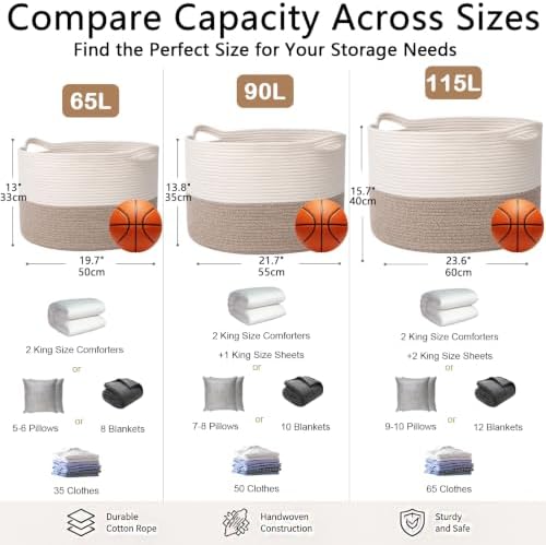 115L Extra Large Blanket Basket, Woven Laundry Basket- White & Brown - Image 2