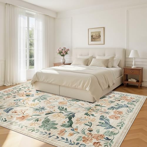 5x7 Area Rugs Boho Floral Washable Living Room Rug Neutral Carpet Nursery - Image 2